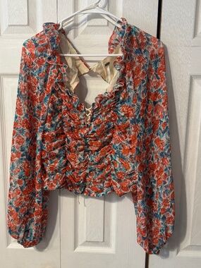 Free People Mabel Blouse - Red & Blue Floral Ruched & Lace Up Neckline - Size Md